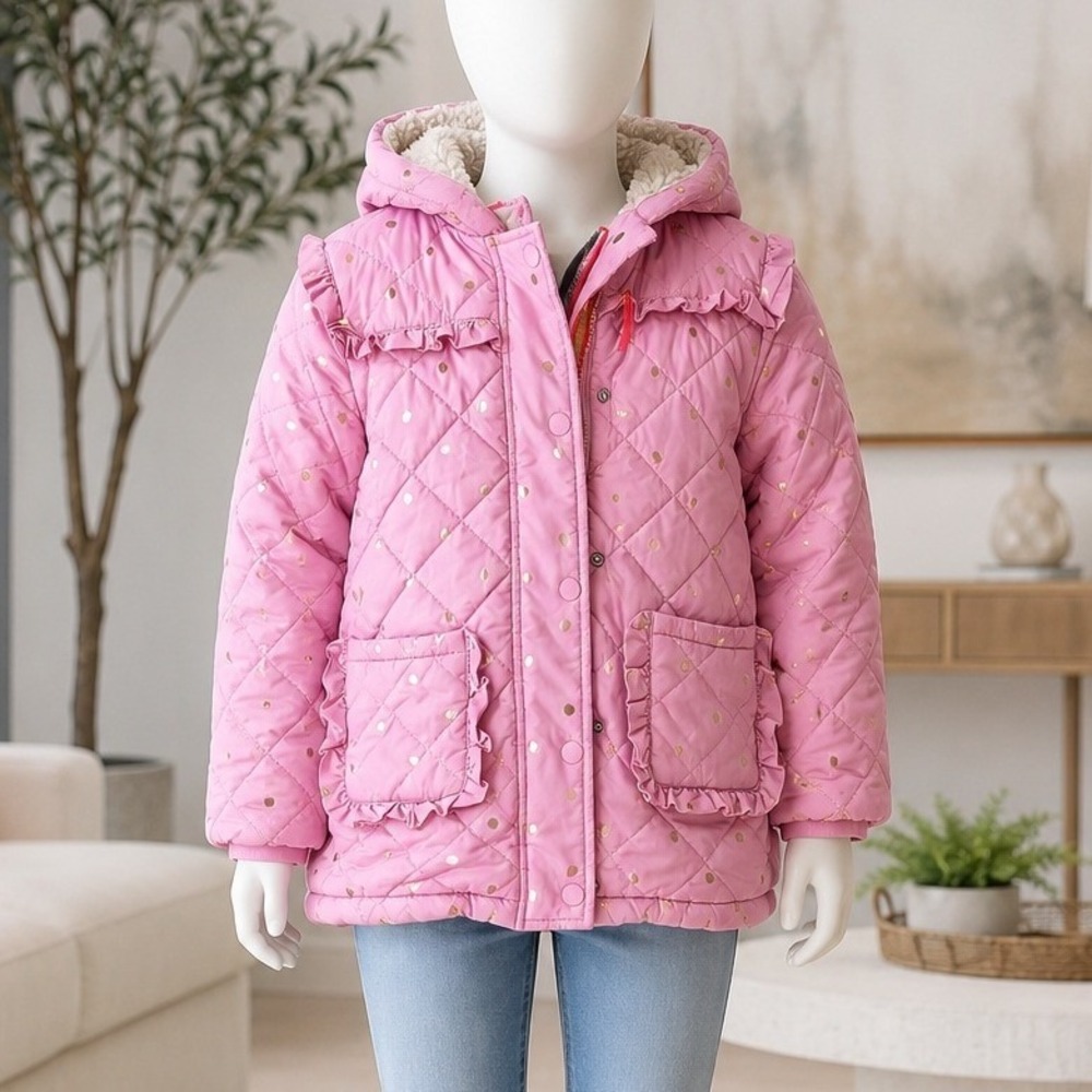 Mini Boden Girls Quilted Jacket Pink Gold Heart Polka Dot Ruffle 6-7Y